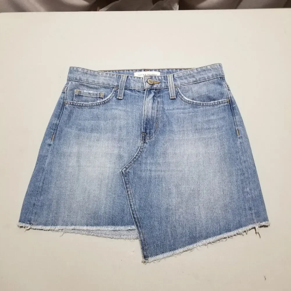 Flying Monkey Jean Skirt 28 Denim Mini Asymmetrical Hem Fringe